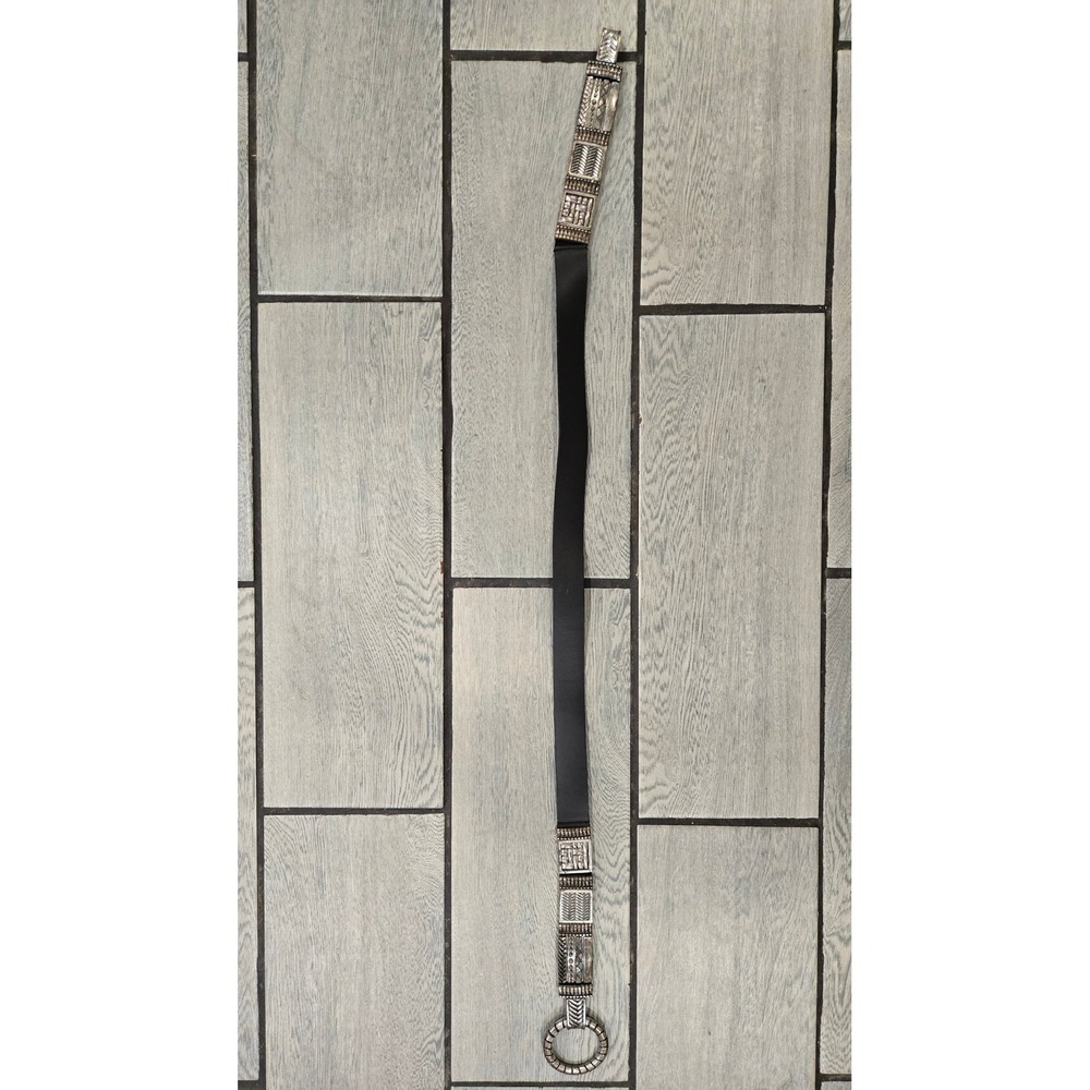 Chicos Black Elastic Stretch Belt Silver Tone Geometric Metal Panels O-Ring L/XL
